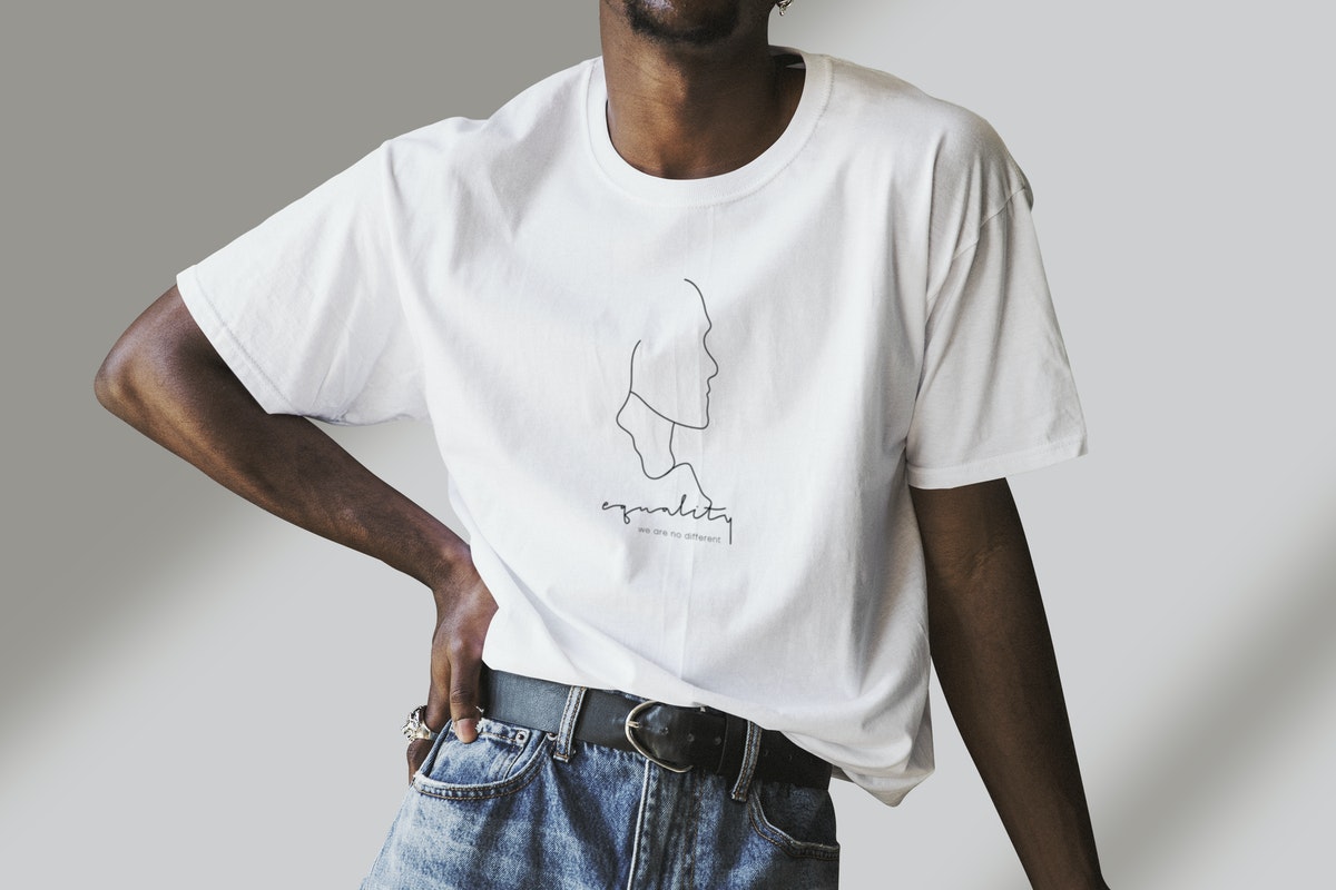 man wearing a silk screen white t-shirt mockup
