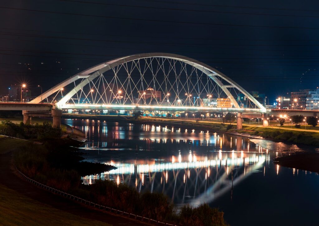 Walterdale bridge lit up at night time in Edmonton, AB Canada