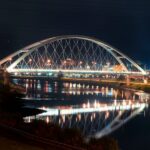 Walterdale bridge lit up at night time in Edmonton, AB Canada